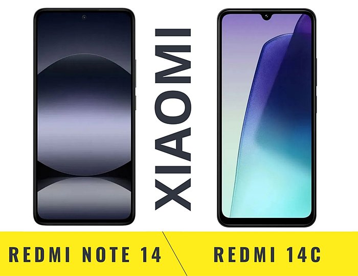 Xiaomi Redmi Note 14 и Xiaomi Redmi 14C вид спереди, экран, дисплей