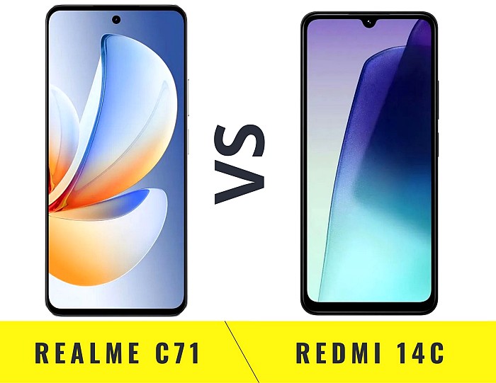 Realme C71 и Xiaomi Redmi 14C вид спереди, экран, дисплей сравнение